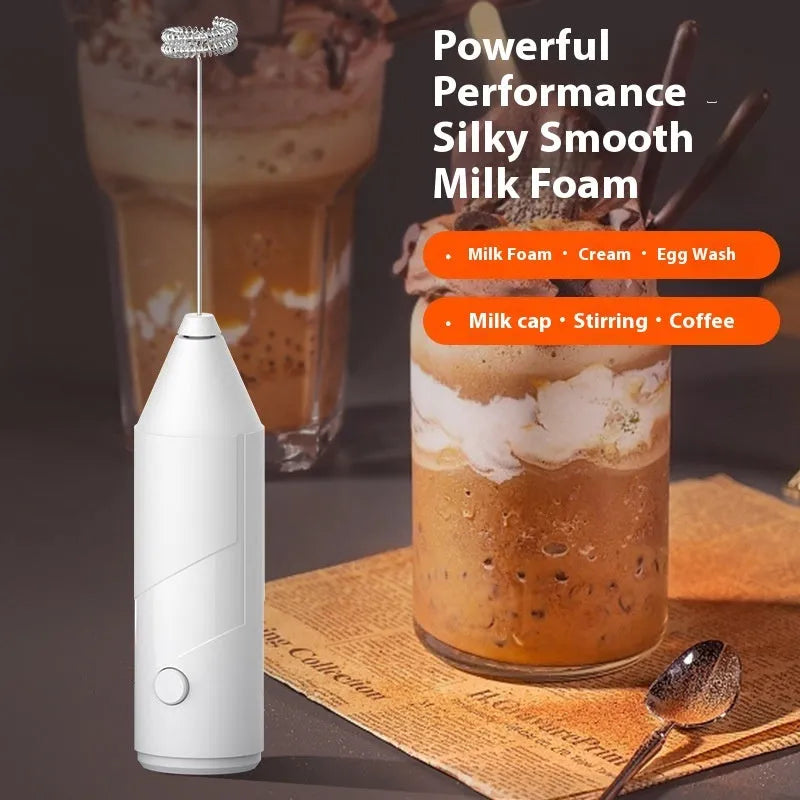 Mini handheld electric milk frother in black, white and khaki colours with USB charging