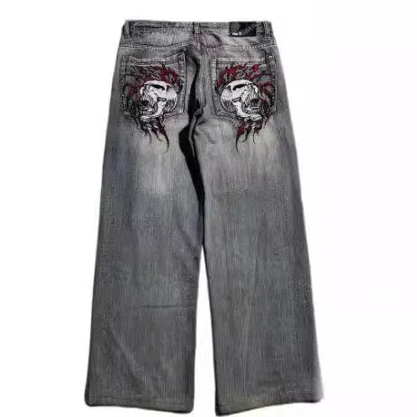Grey wide-leg jeans with retro washed appearance and straight-leg opening