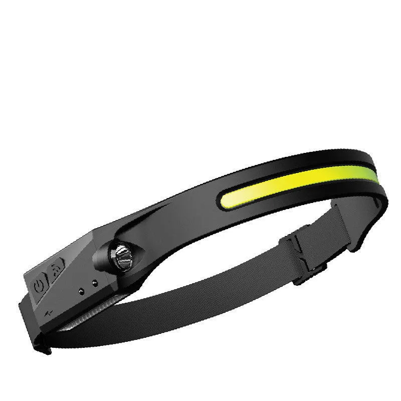 COB LED induction headlamp with wide beam and side LED for long-distance lighting, USB rechargeable, silicone build