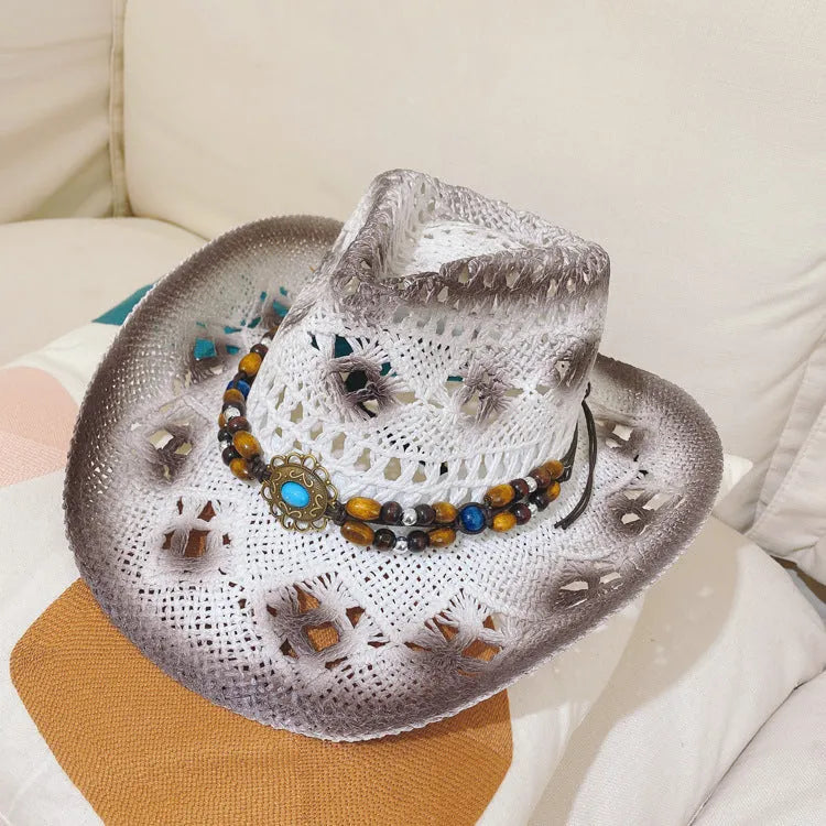 Straw hat for women in brown with satin weave and stitching details