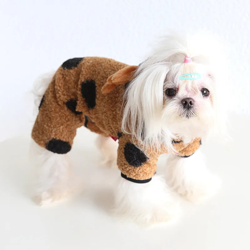 Polka dot patterned pet clothing for dogs and cats, shown in both four-legged jumpsuit and skirt styles.
