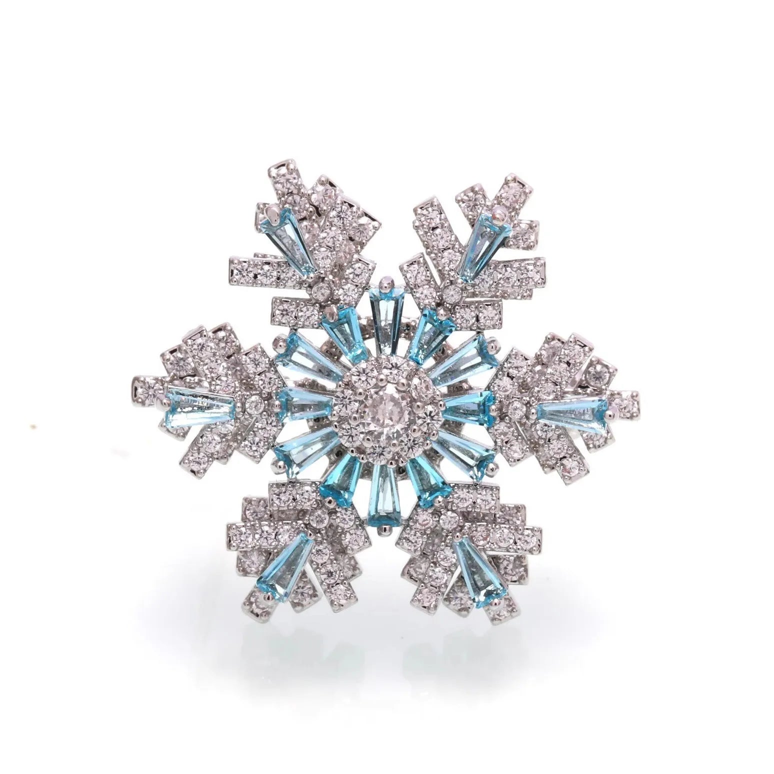 Luxury spinning snowflake brooch in alloy with diamond treatment, rotating silver snow crystal white, women's pin