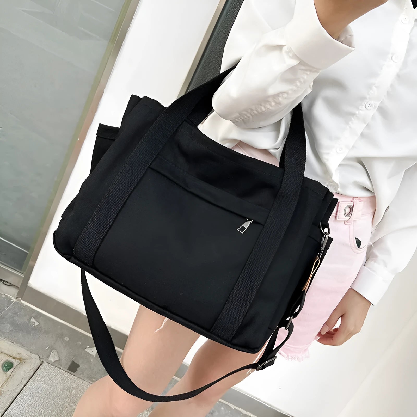 Large capacity canvas tote bag with internal organisers and side zippers in Army Green colour