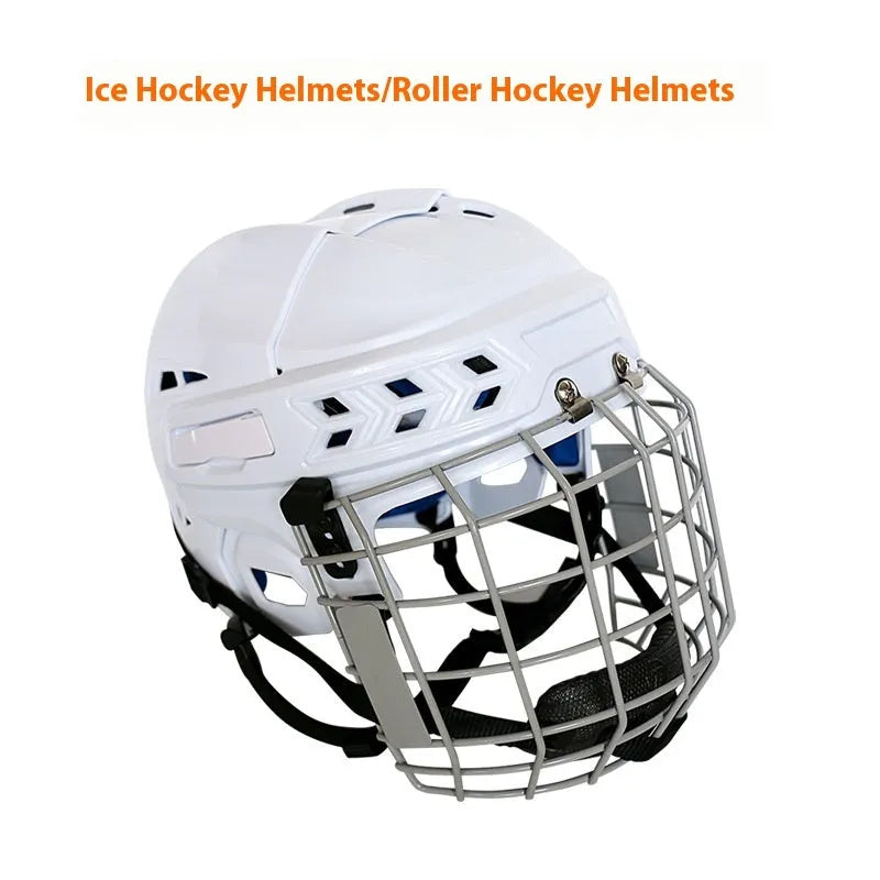 Ice hockey helmet with integrated steel face mask shown in size options S, M, L, XL.