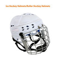 Ice hockey helmet with integrated steel face mask shown in size options S, M, L, XL.