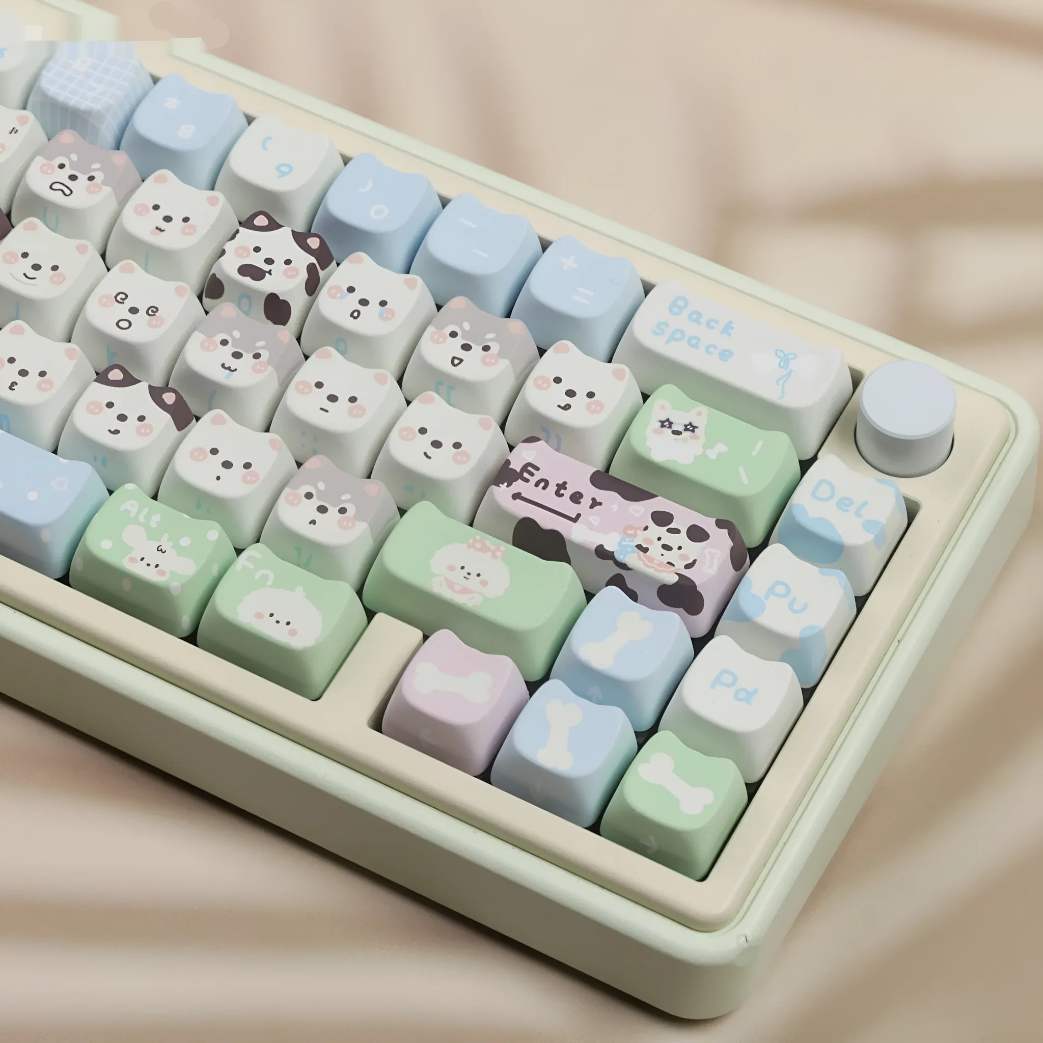 Puppy themed PBT key cap set for mechanical keyboards with full coverage design