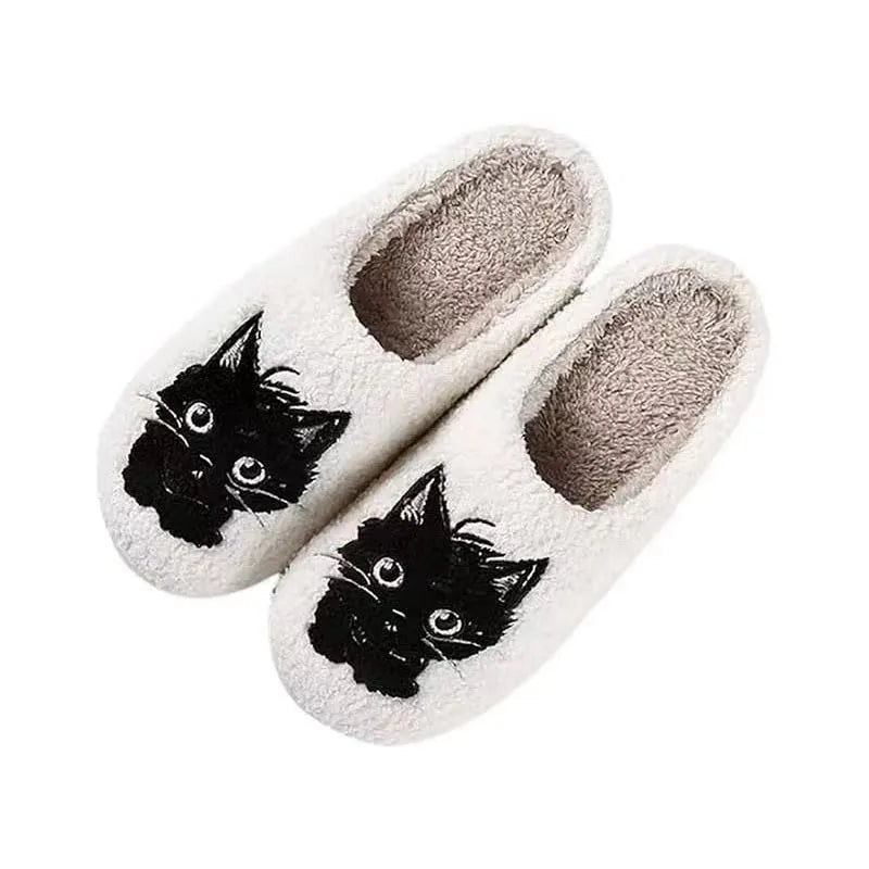 White plush cotton couple slippers with black beard cat cartoon design and non-slip TPR soles