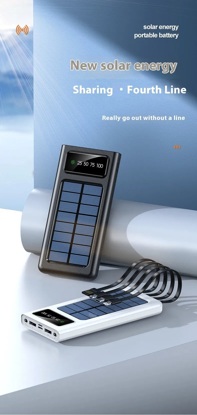 Black solar power bank with integrated charging cable showing 20000mAh capacity and solar panel