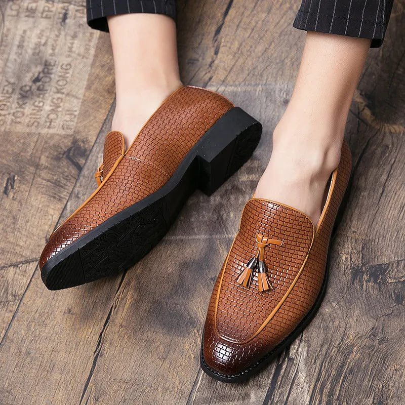 Men's black pointed toe slip on business shoes with tassel decoration on artificial PU leather