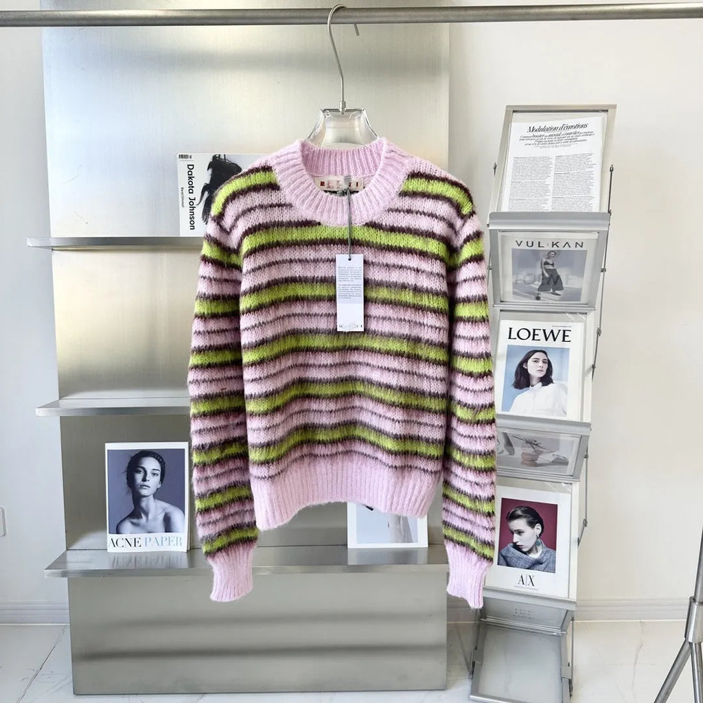 Pink wool knitted women's cardigan showing both round-neck pullover and open cardigan styles