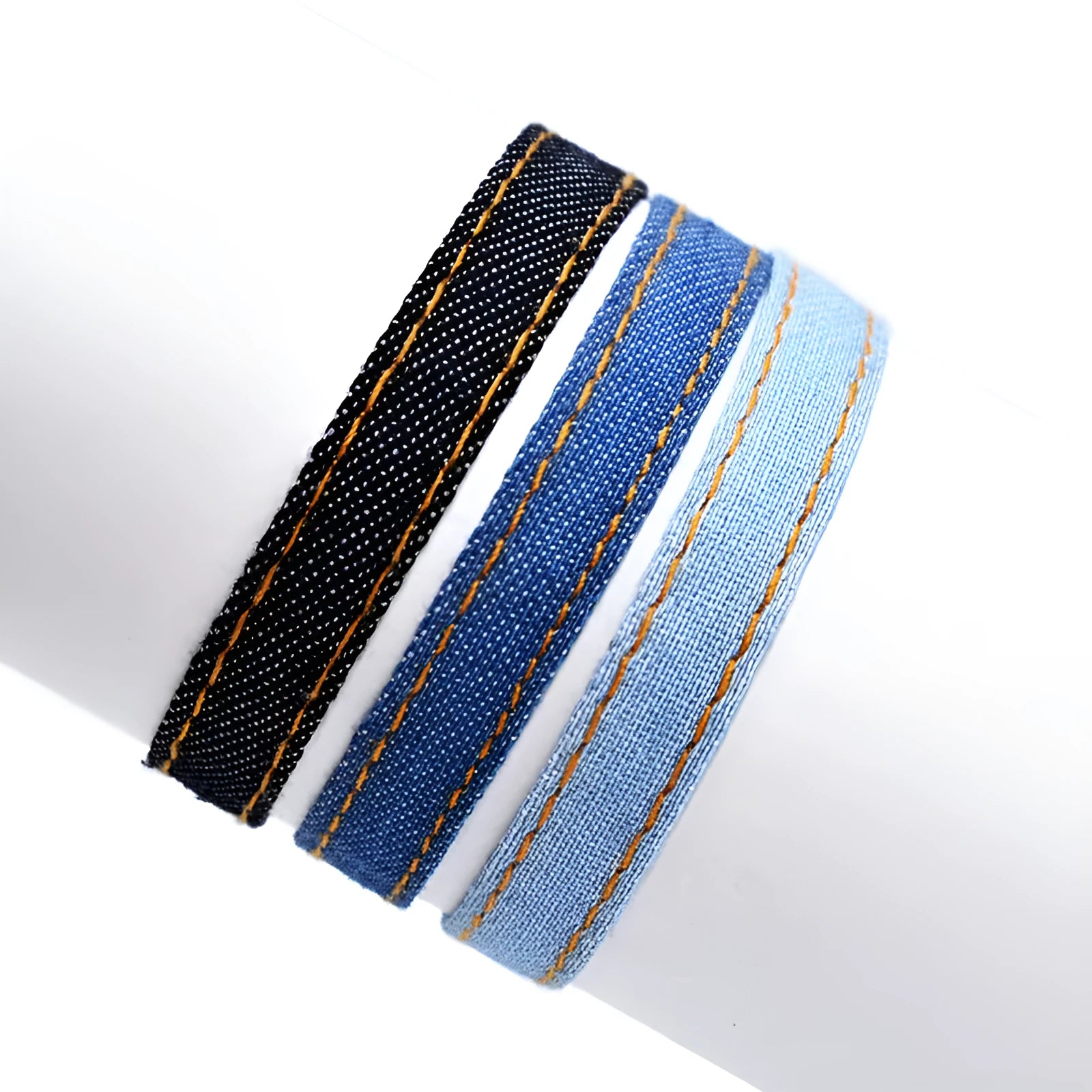 Denim fabric bracelet carrying strap with mixed materials, unisex design for travel