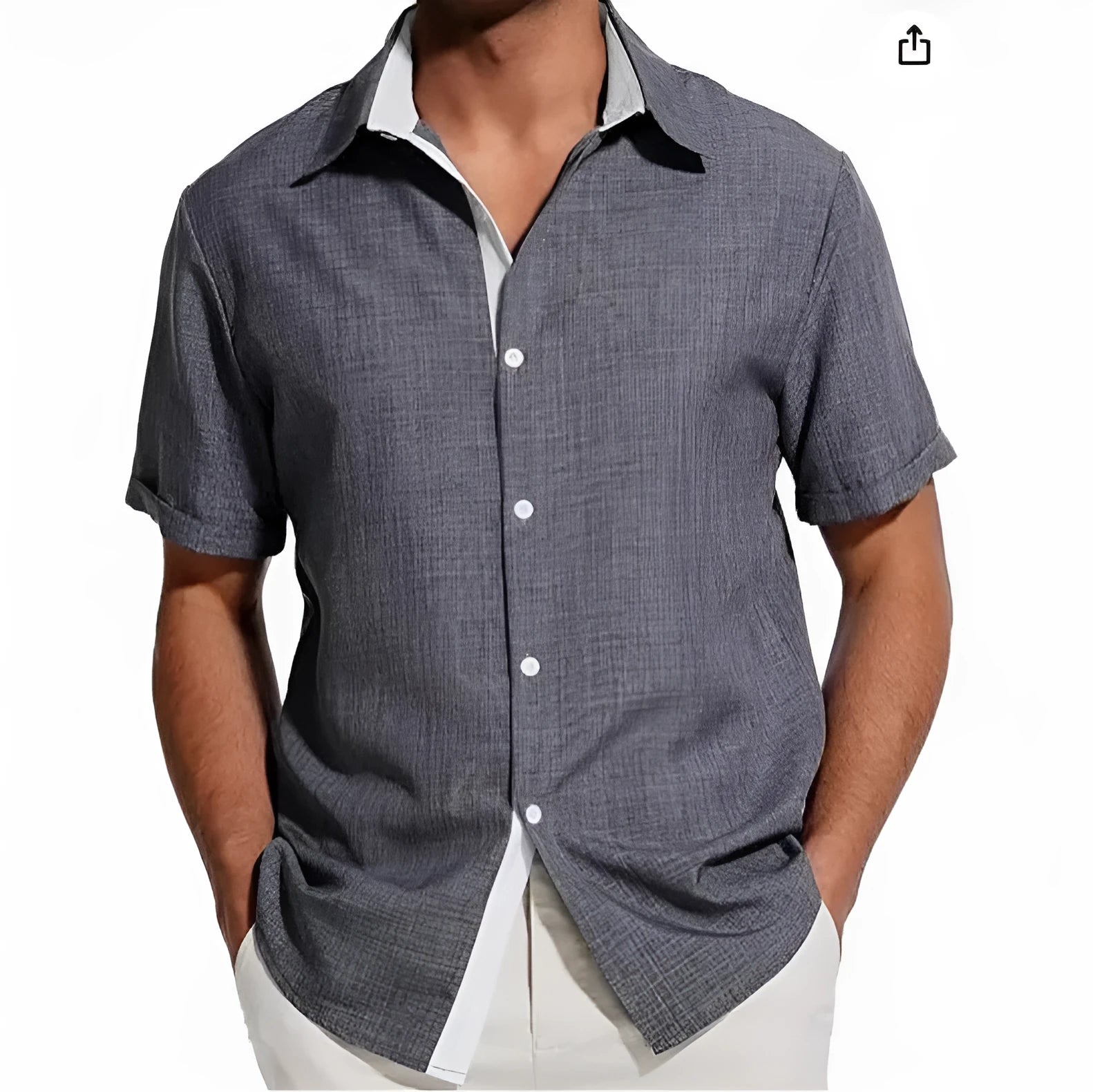 Men's short-sleeved floral shirt in polyester fabric showing regular fit and cardigan styling
