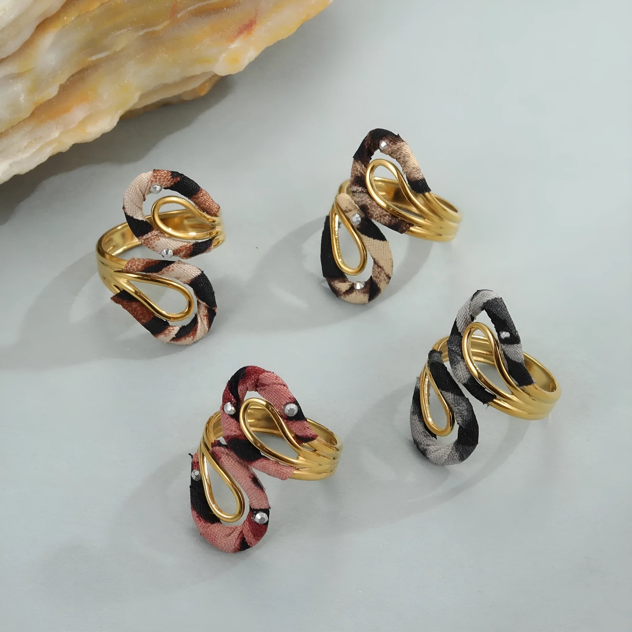Women's adjustable stainless steel ring with geometry heart and star shapes featuring leopard print design