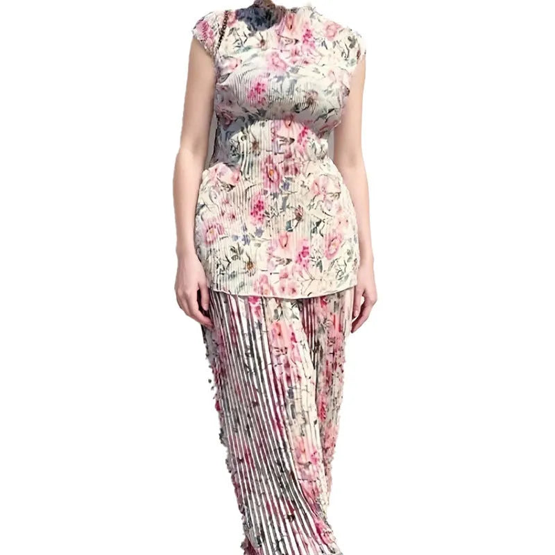 Women's long sleeve printed chiffon dress set with high waist skirt.