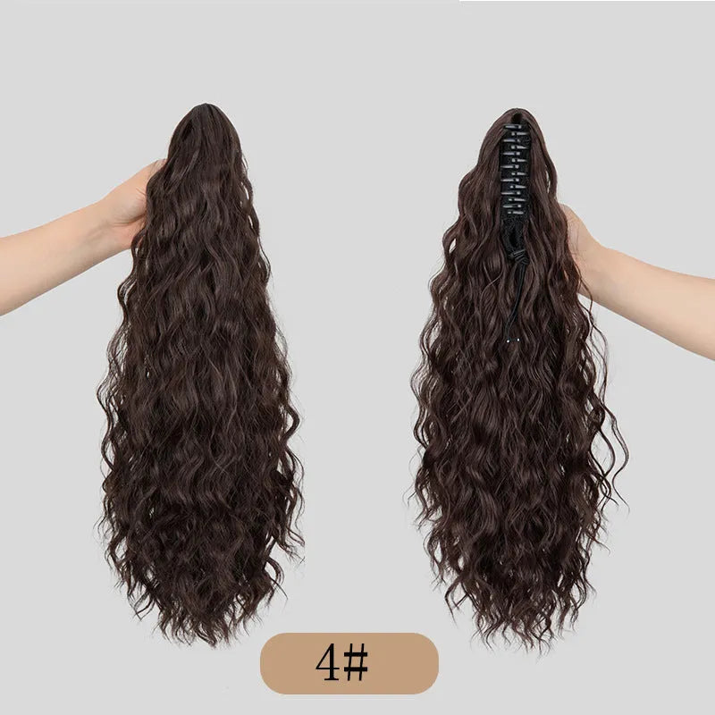 A corn curl ponytail wig with a water ripple grip texture, shown in a dark brown 1B colour, featuring a hair clip attachment.