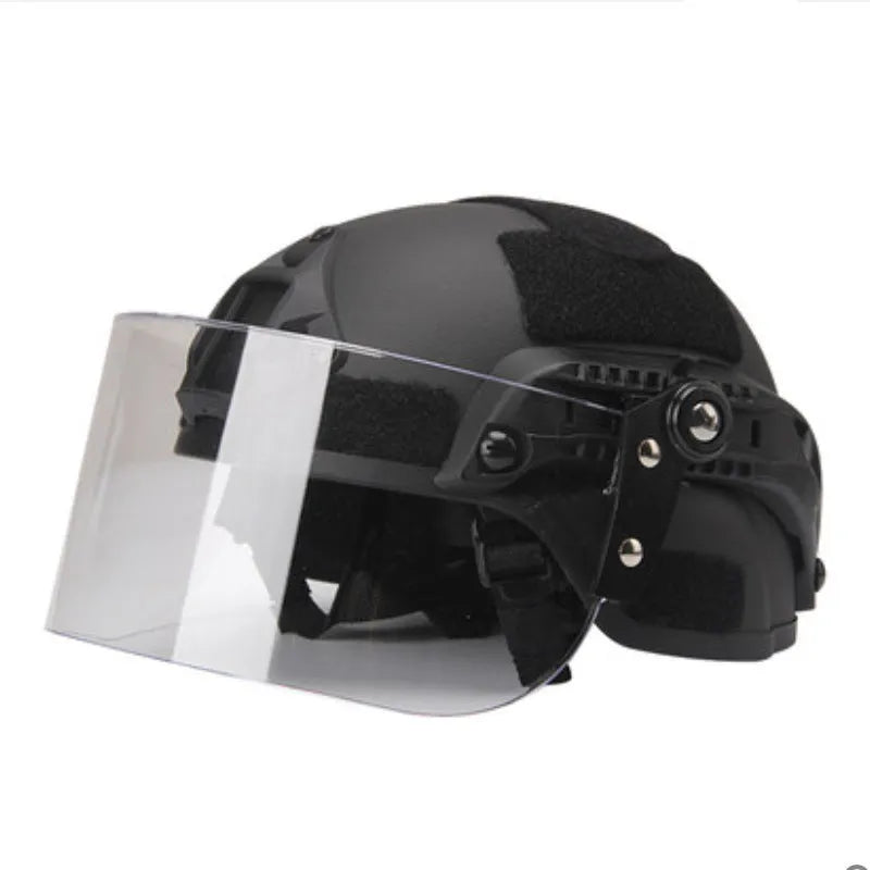Transparent polycarbonate safety mask for helmet attachment, 30cm wide by 15cm high.