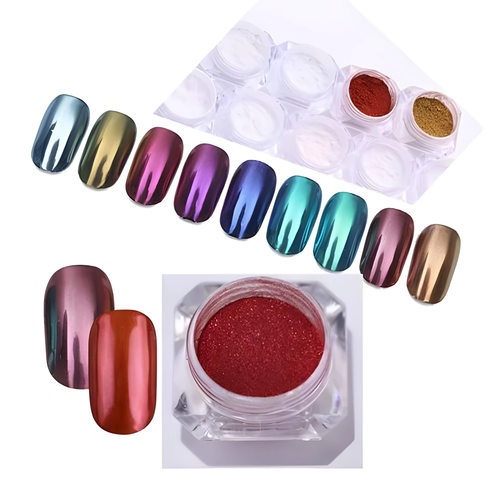 Mirror nail pigment powder container with metal plating texture finish, 2ml net content, available in multiple colours