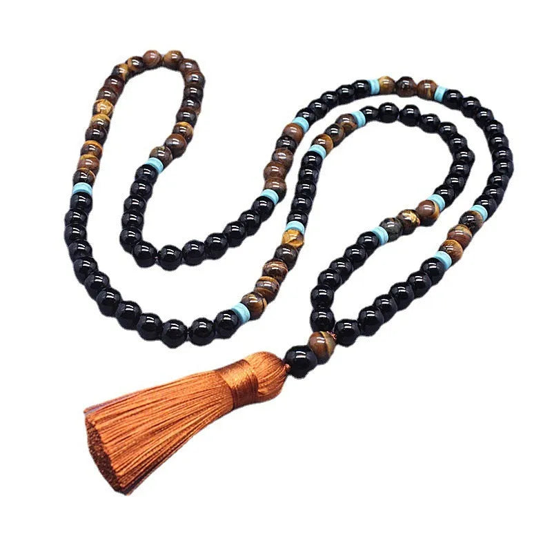 Black agate bracelet and Tiger Eye stone necklace jewellery set with geometric design