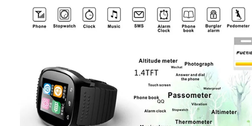 Smart Bluetooth sports watch in black, white, and blue colours showing cross-platform compatibility