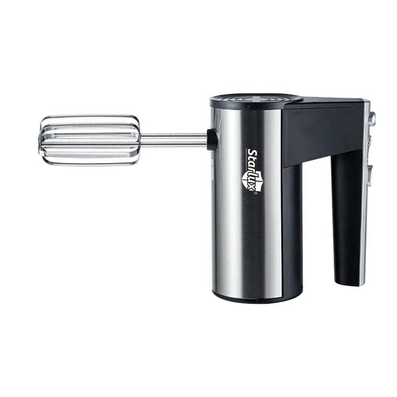 Silver and black handheld electric mixer with whisk attachment, model SL-25209, on a kitchen counter.