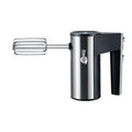 Silver and black handheld electric mixer with whisk attachment, model SL-25209, on a kitchen counter.