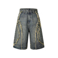 American Pu Shuai distressed denim shorts in straight cut hip hop style with raw edge finish