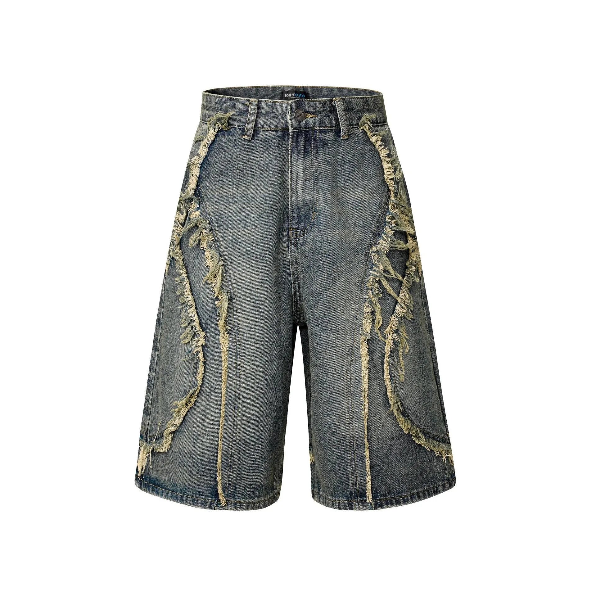 American Pu Shuai distressed denim shorts in straight cut hip hop style with raw edge finish
