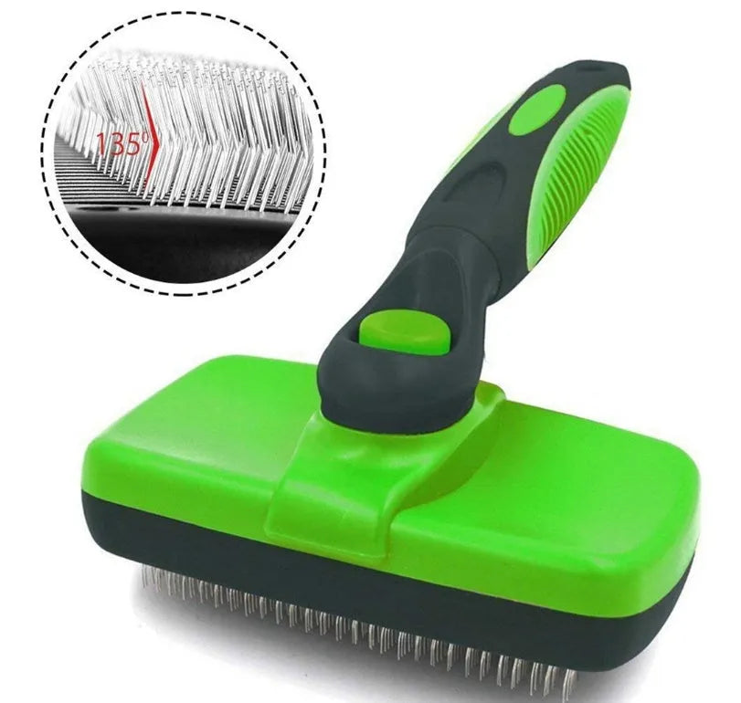 Pet self-cleaning slicker brush with stainless steel needles and TPR handle, green colour