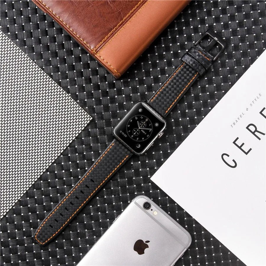 Carbon fibre leather Apple Watch strap in multiple colours with PC hard case