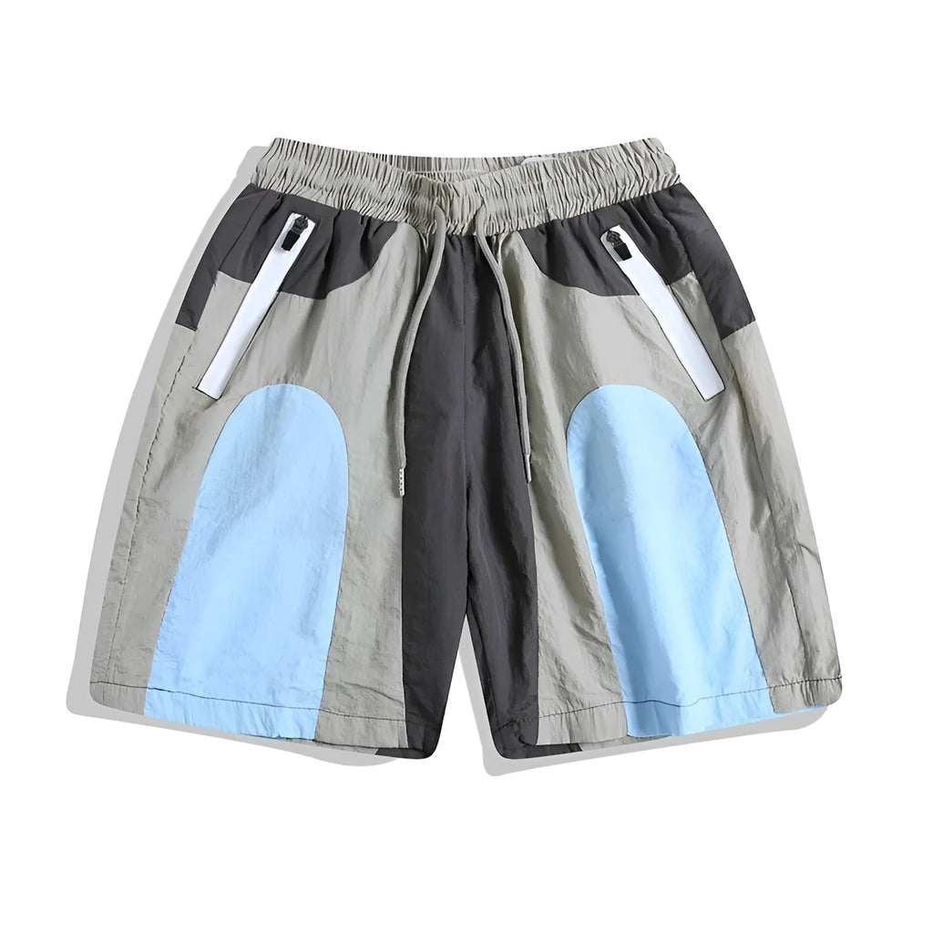 Blue men's patchwork quick-drying shorts with a loose straight-leg fit for outdoor sports