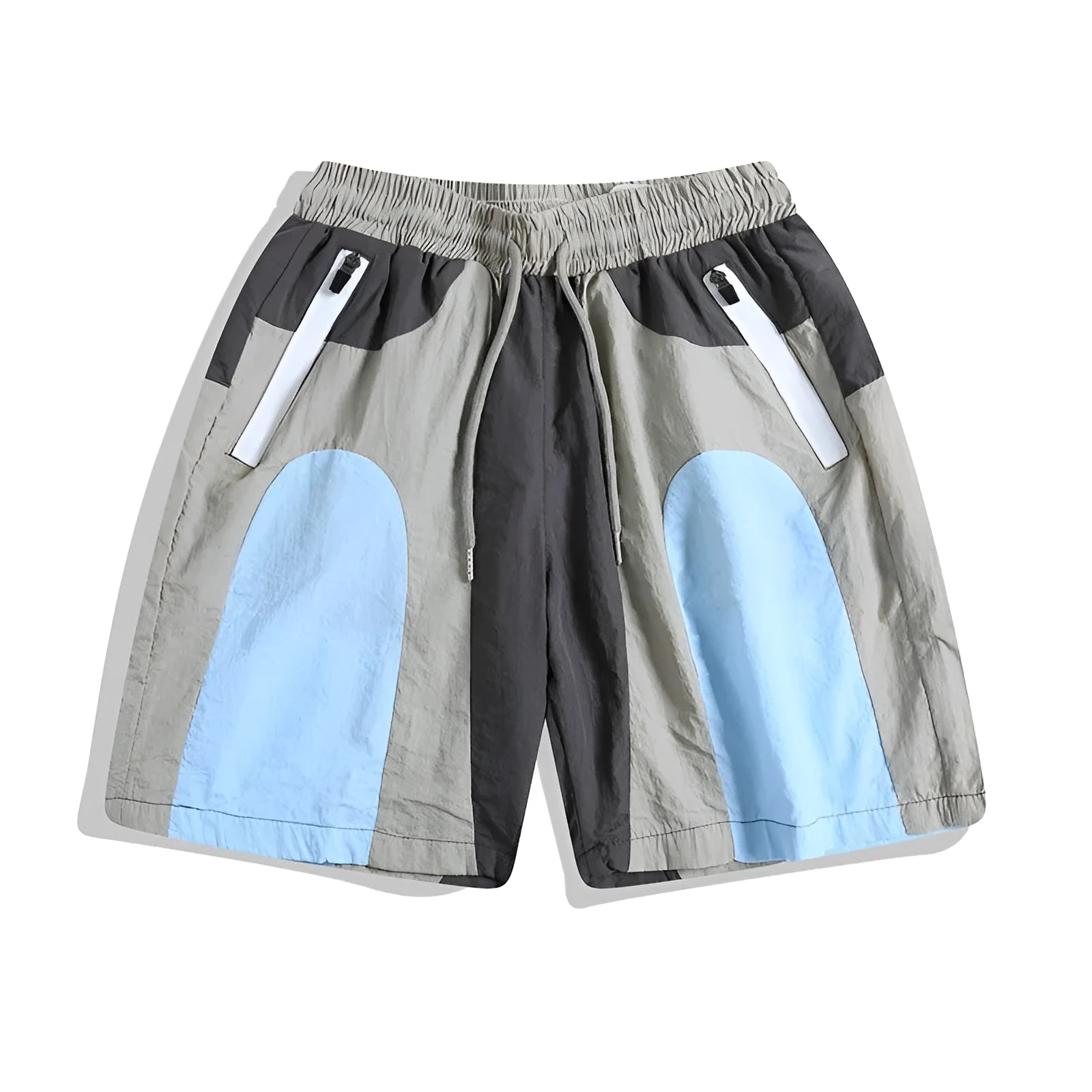 Blue men's patchwork quick-drying shorts with a loose straight-leg fit for outdoor sports