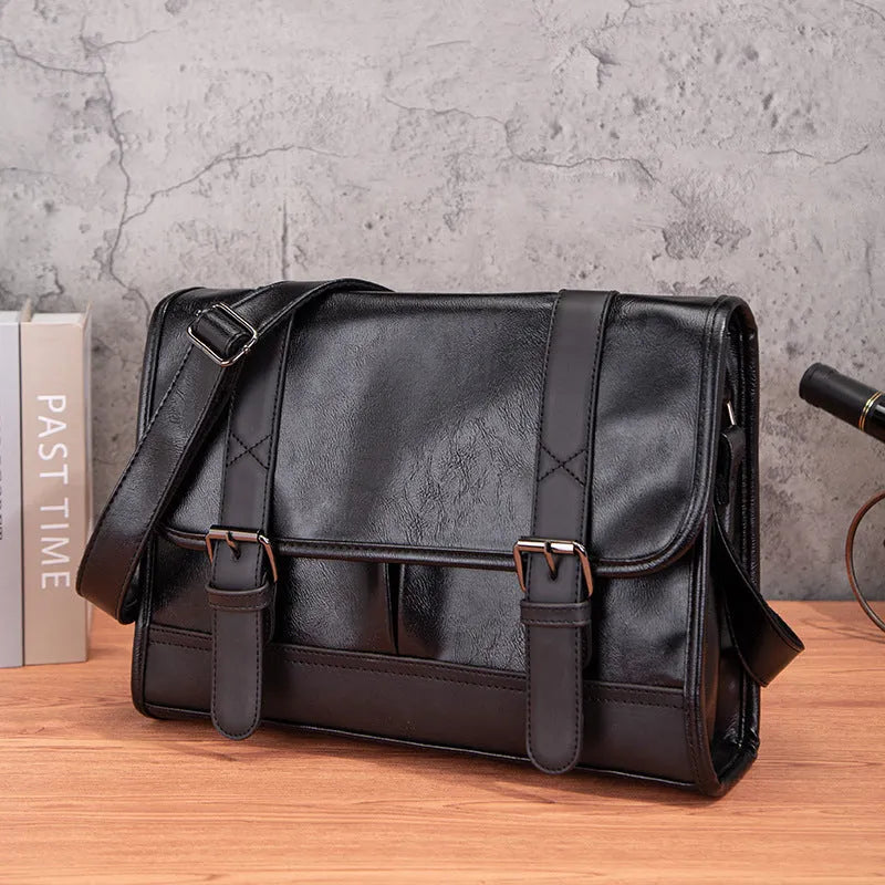 Black Korean-style men's anti-theft backpack with decorative sewing thread detailing