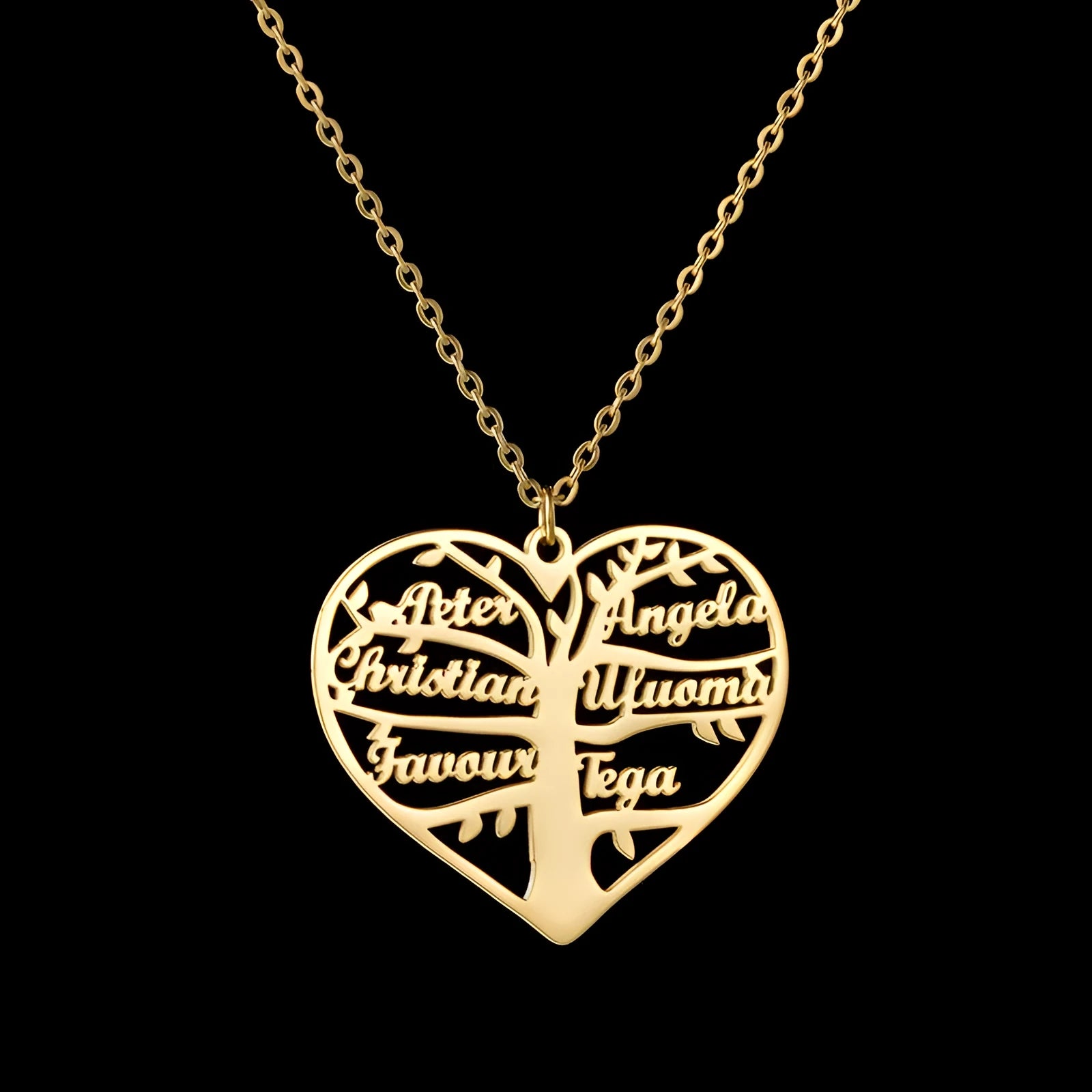 Custom stainless steel name necklace with hollow heart pendant showing engraved names in a family tree design.