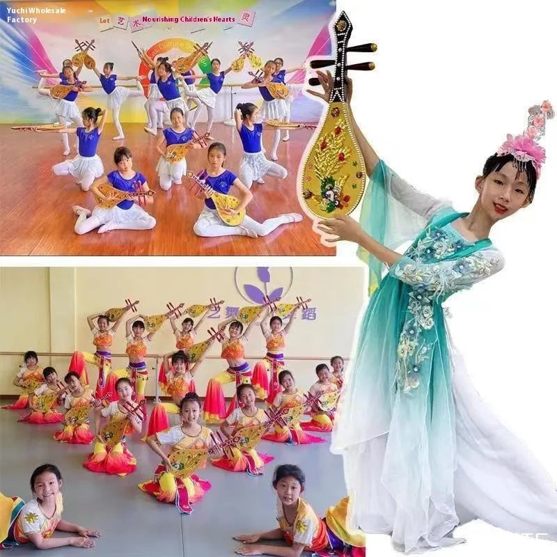 Golden Double Phoenix plastic simulation pipa prop 64.5cm long with handmade stickers and sound capability
