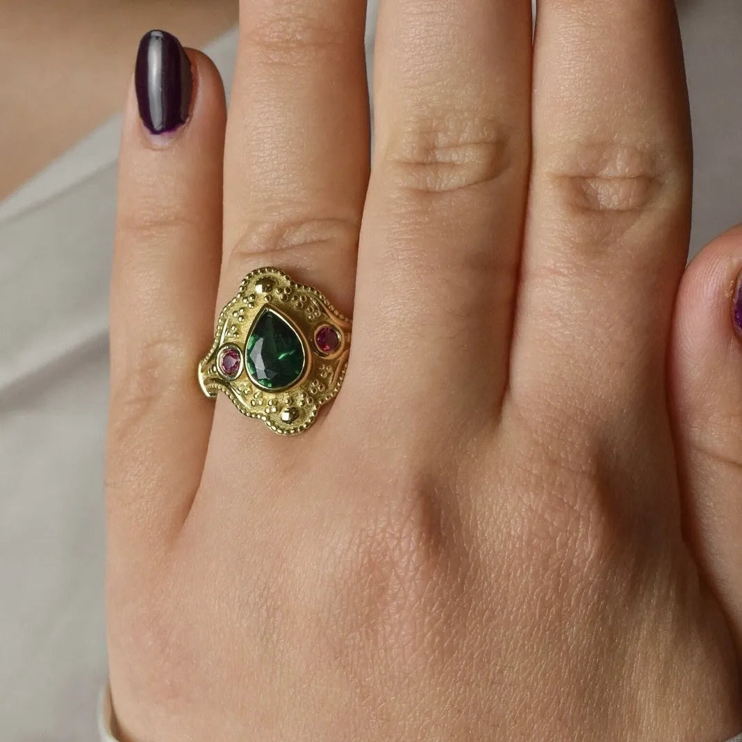 Gold-plated geometric women's ring with golden lvzuan electroplated finish shown from multiple angles