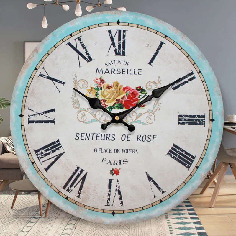 Vintage digital wall clock with silent sweep movement, 14 inch diameter, EO grade MDF face, showing black frame and white dial with Roman numerals.