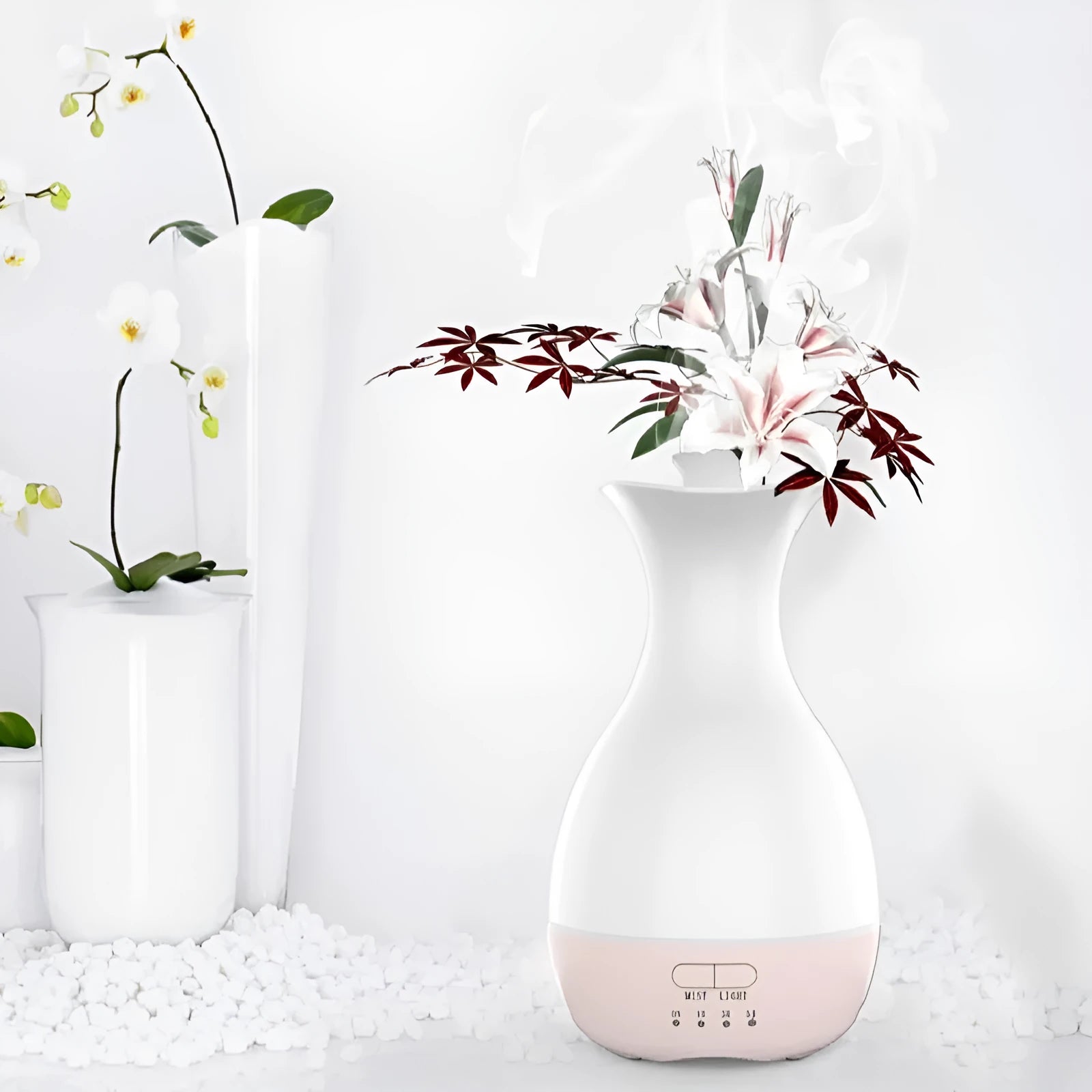 White ultrasonic aromatherapy vase humidifier with colourful LED night light and 200ml water tank capacity