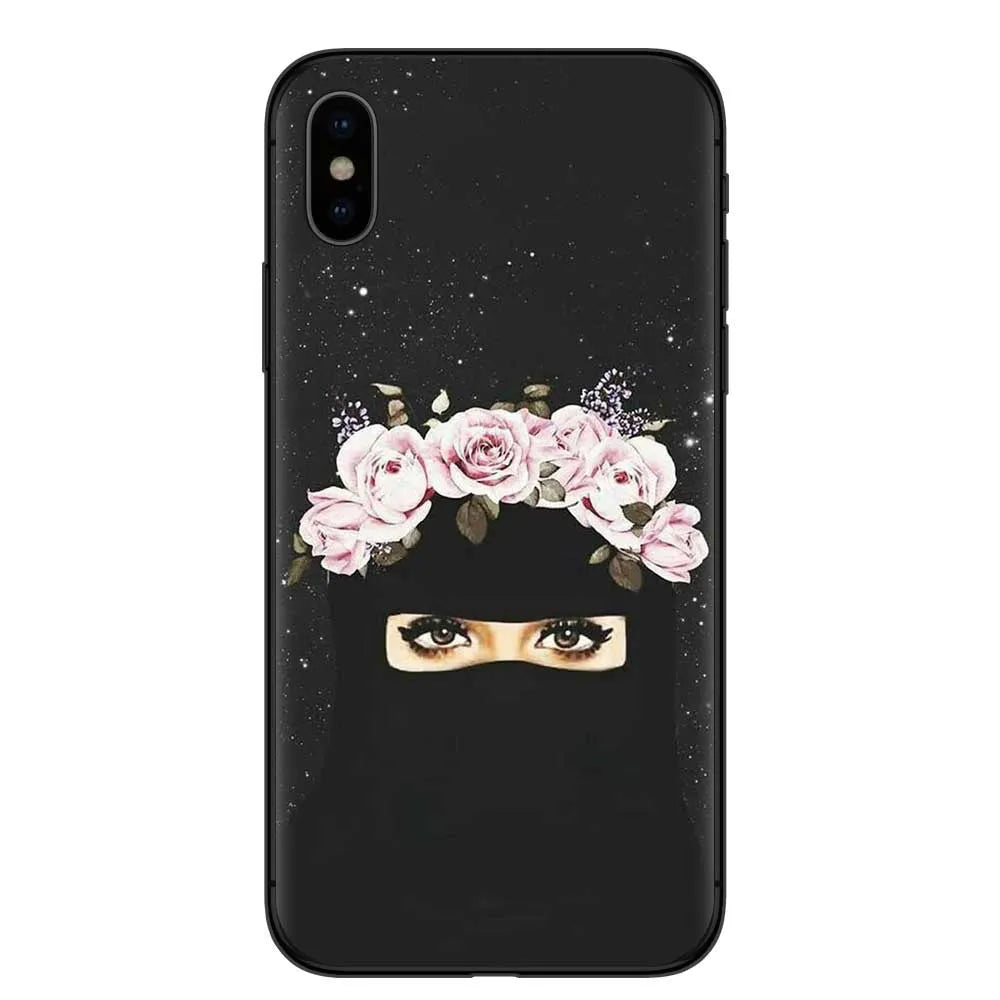 Islamic hijab veil girl TPU phone case with rhinestones floral letters painted design for iPhone