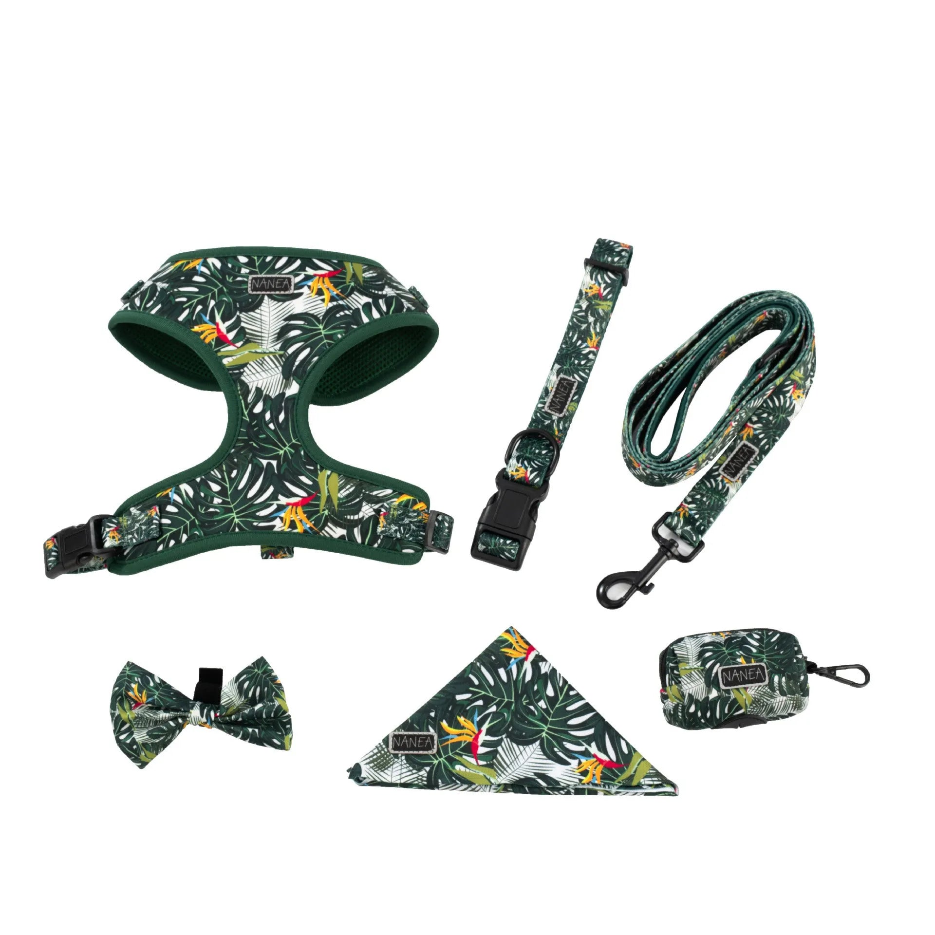 Adjustable pet harness set with six accessories including waste bag in cloth material