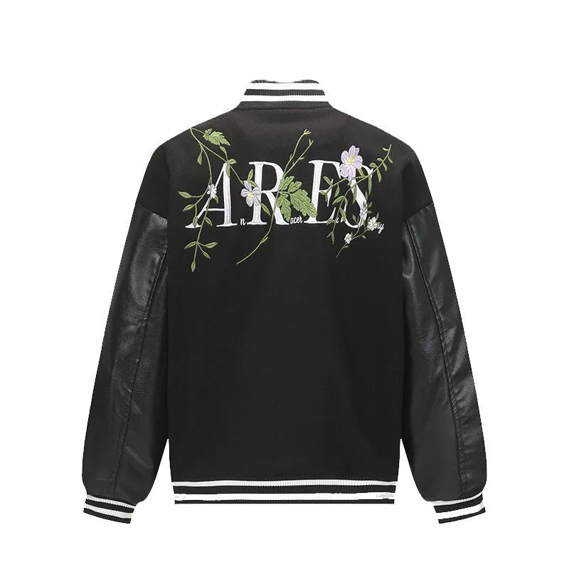 Men's retro plant flower embroidered coat in apricot loose fit polyester with side pockets