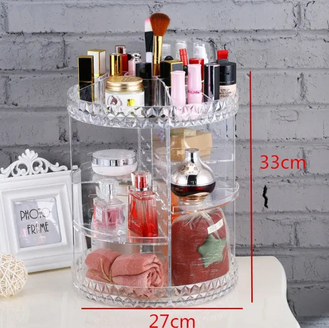 Diamond wave 360 rotating acrylic makeup organiser with detachable compartments on a vanity table