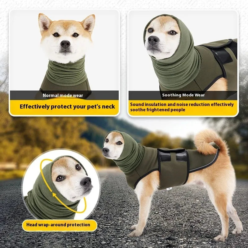 Dog wearing army green anti-anxiety jacket for mood soothing