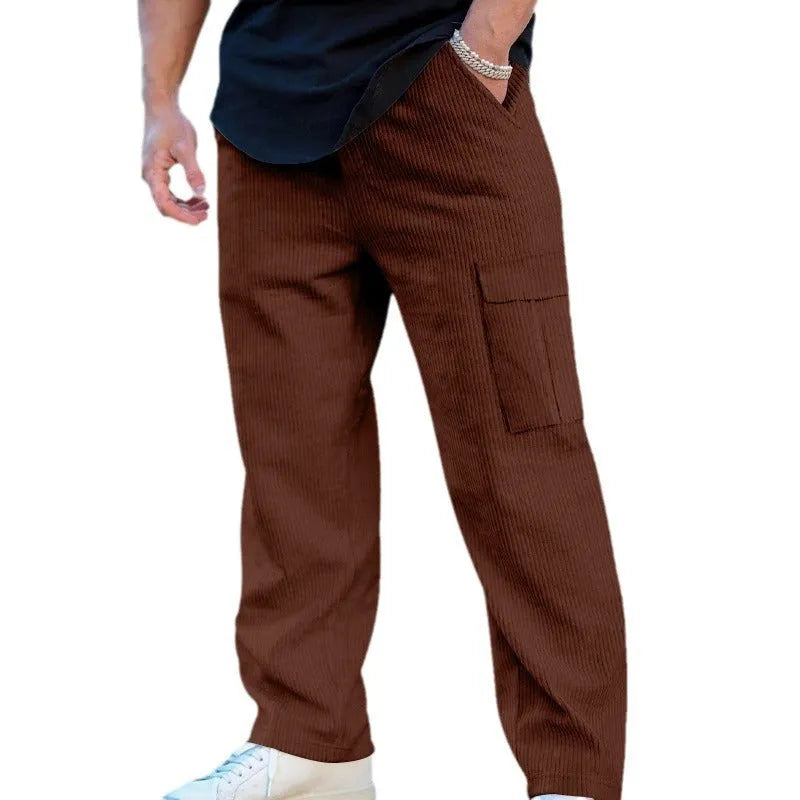 Men's corduroy cargo trousers in straight wide-leg design with drawstring waist
