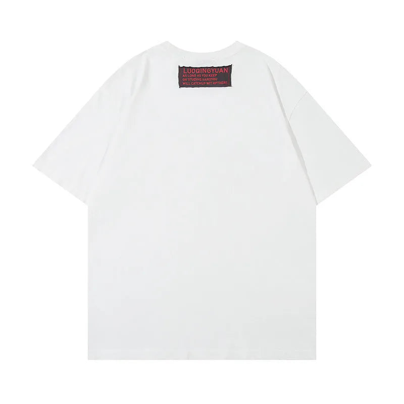 Men's letter affixed cloth embroidered printed short sleeve pure cotton t-shirt in white and black