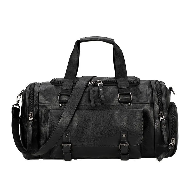 Large black travel bag with dual shoulder straps and a separate internal shoe compartment.