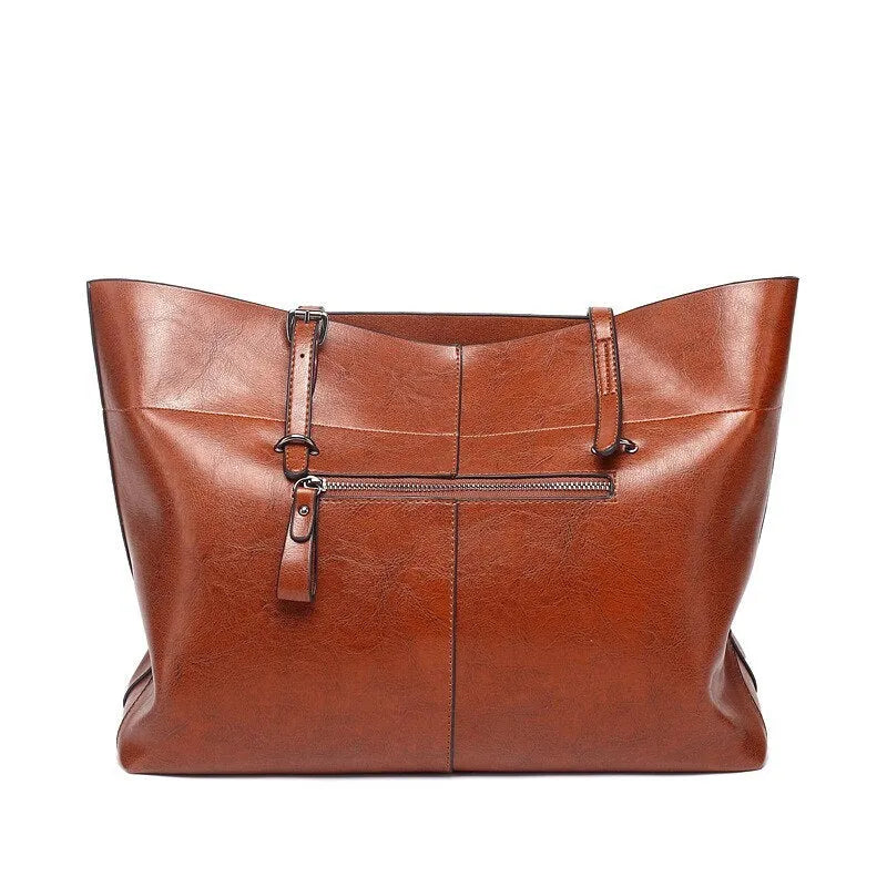 Wax cowhide leather handbag with horizontal design and two compartments