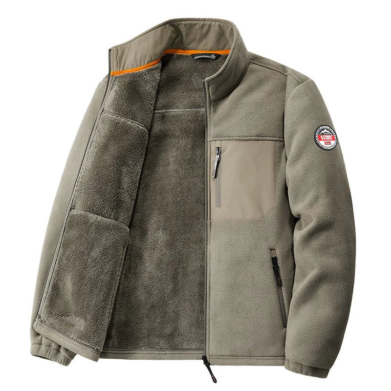 Men's grey fleece cardigan jacket with zippered pockets, shown on a model.