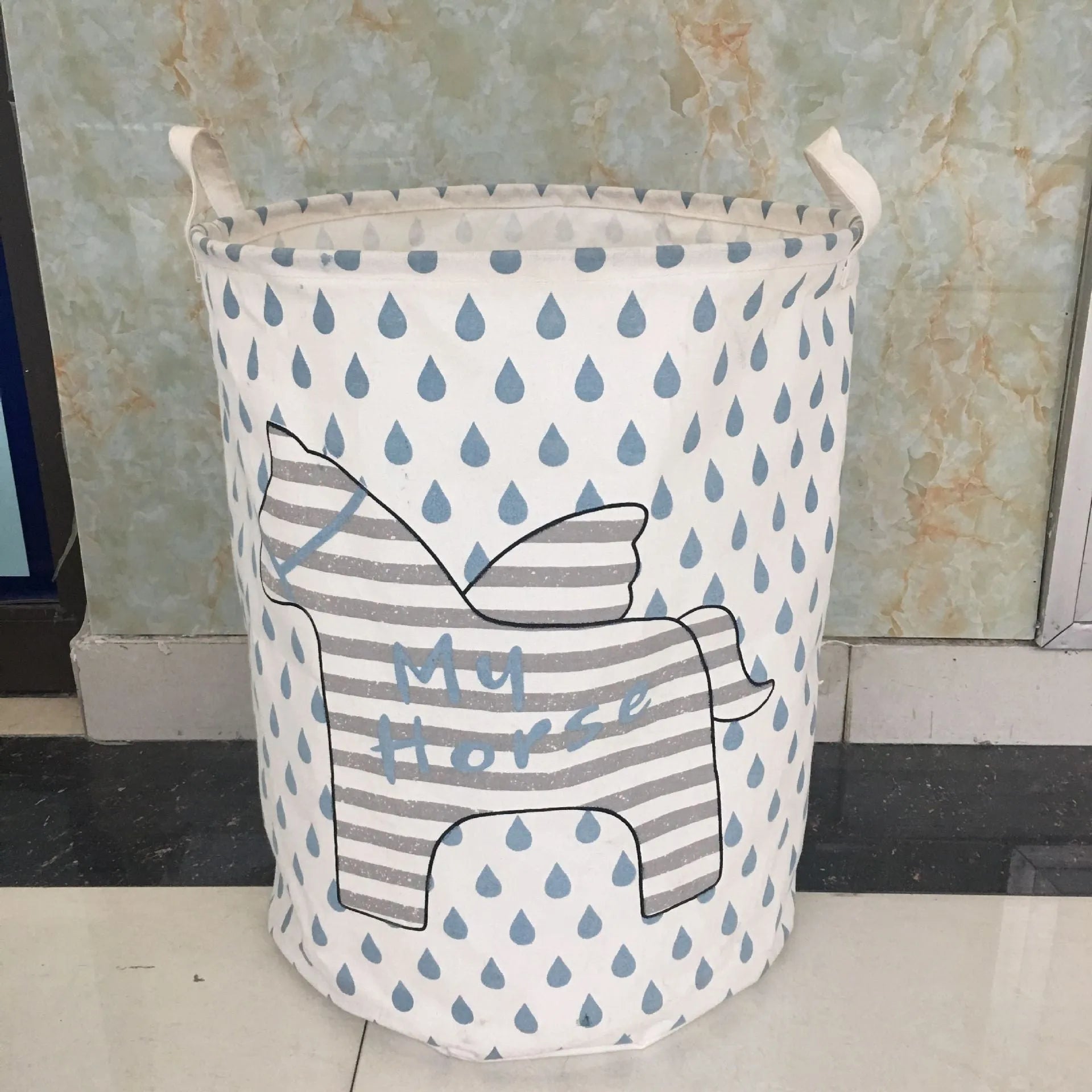 Cotton linen storage bucket with five-pointed star and horse art design, 315g, available in three colours