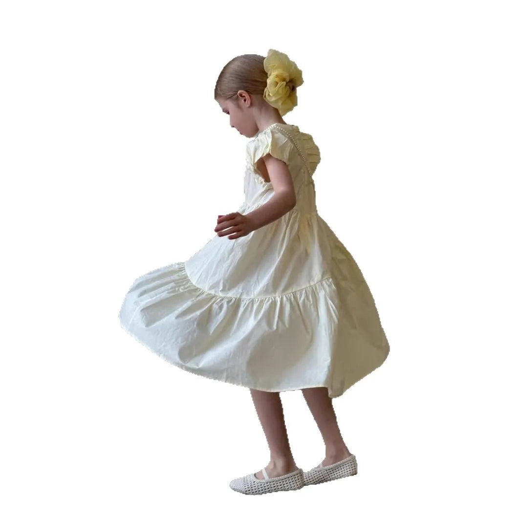 Light yellow cotton princess dress with short puff sleeves and pearl chain for girls, summer style