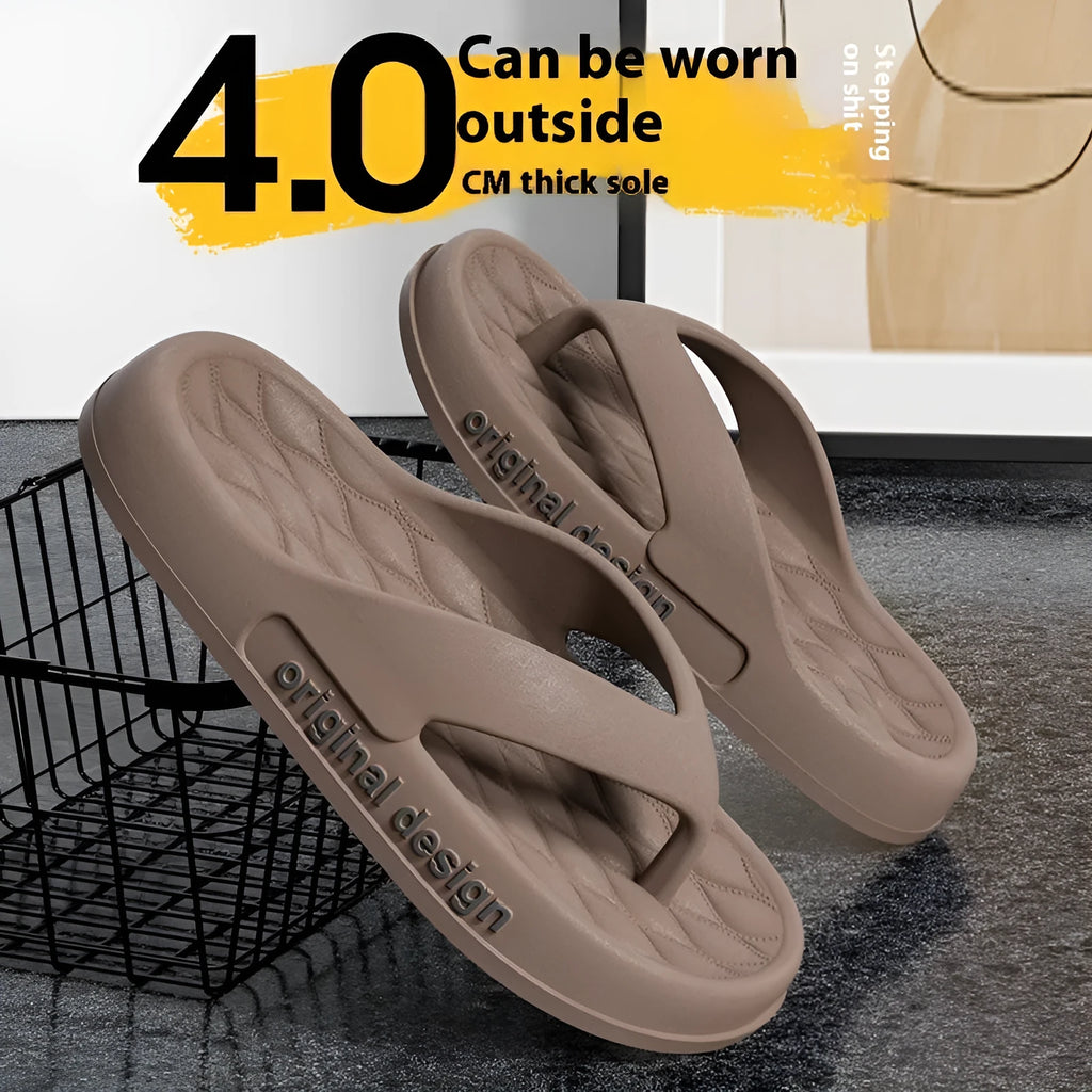 Men's EVA injection-moulded flip flops shown in available colours including green, yellow, pink, white, khaki, grey, coffee, and black.